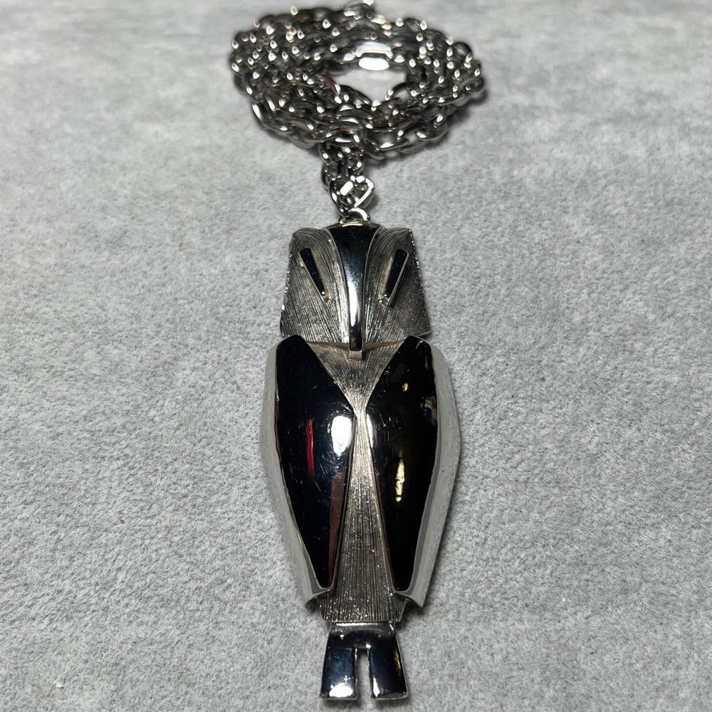 50s Mid-Century Modern Owl Silver Tone Pendant Necklace Vintage Goth